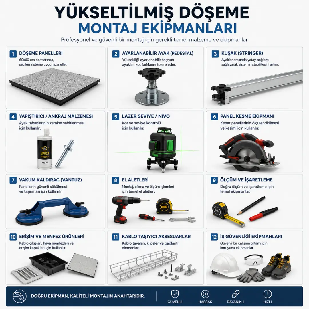 Yükseltilmiş döşeme montaj ekipmanları ve taşıyıcı sistem parçaları