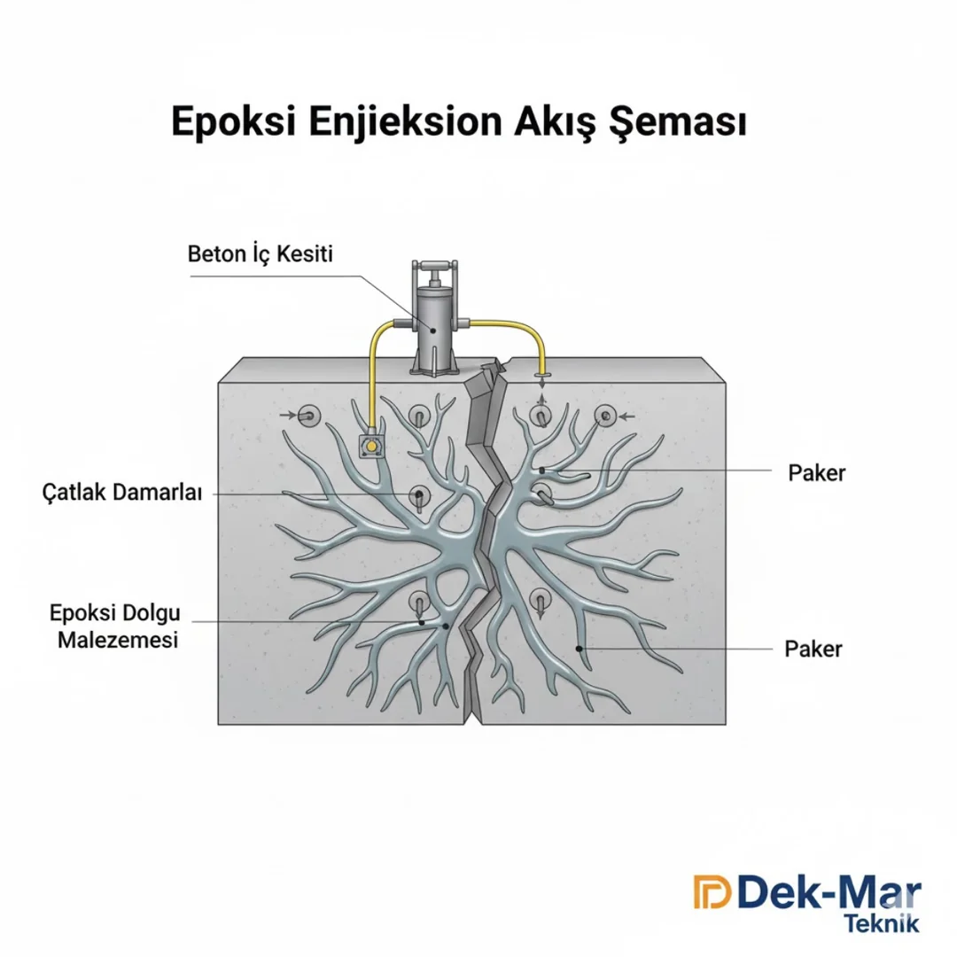 “Epoksi enjeksiyon akış şeması – epoksinin beton çatlakları doldurması ve yapısal güçlendirme – Dek-Mar teknik çizim”
