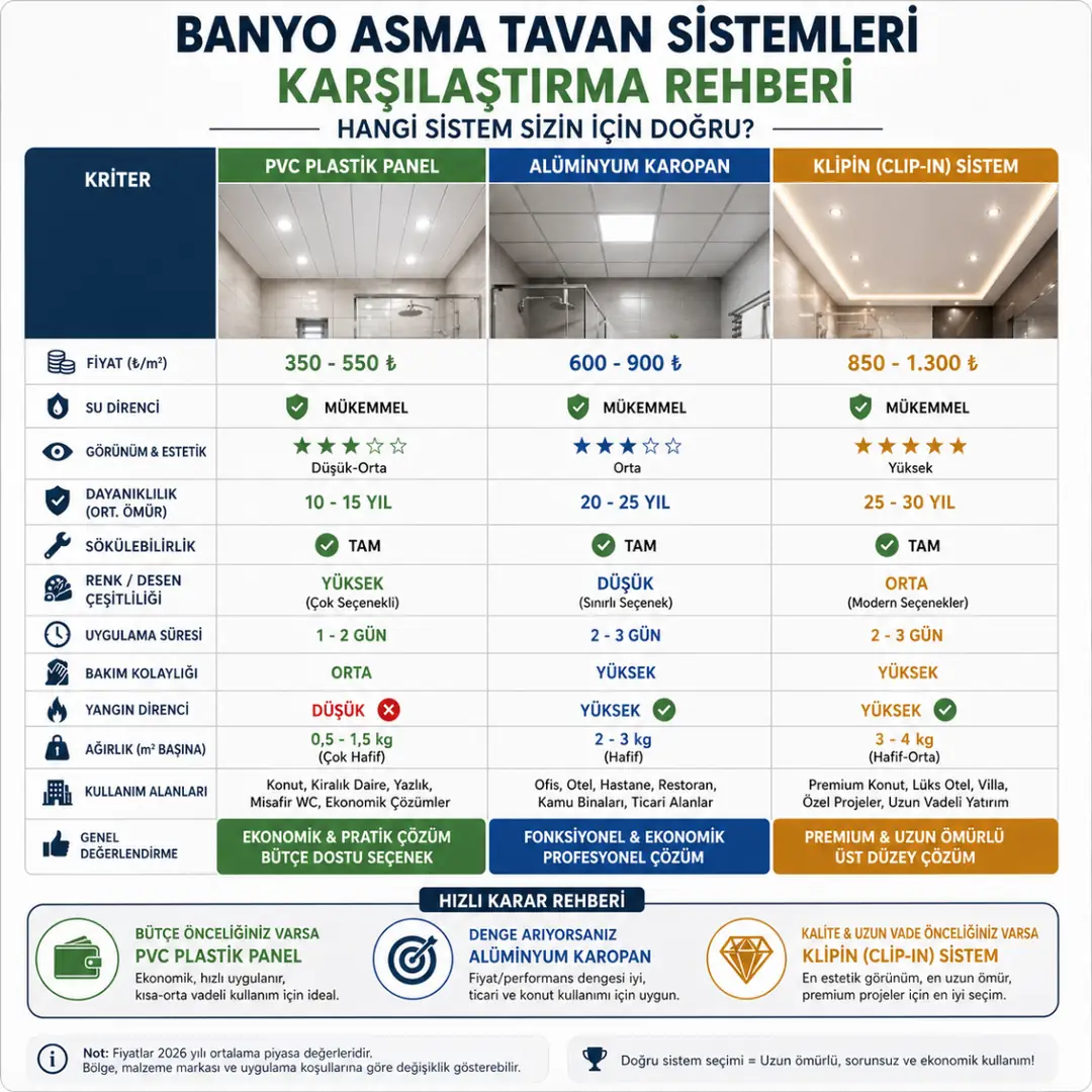 asma tavan sistemleri pvc karopan klipin karşılaştırma dayanıklılık estetik ve kullanım ömrü&nbsp;