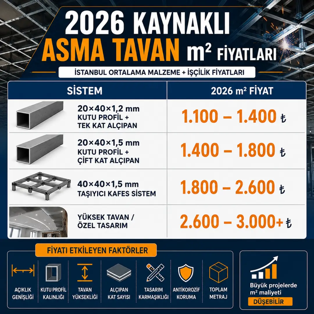 2026 kaynaklı asma tavan metrekare fiyatları ve maliyet tablosu