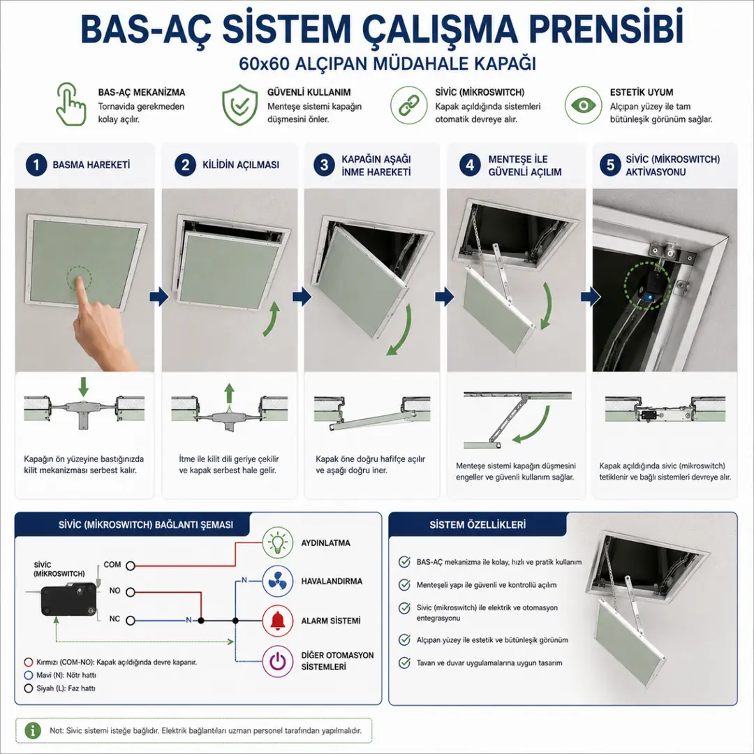 60x60 BAS-AÇ müdahale kapağı çalışma prensibi menteşe kilit ve sivic sistemiyle açılma mekanizması&nbsp;