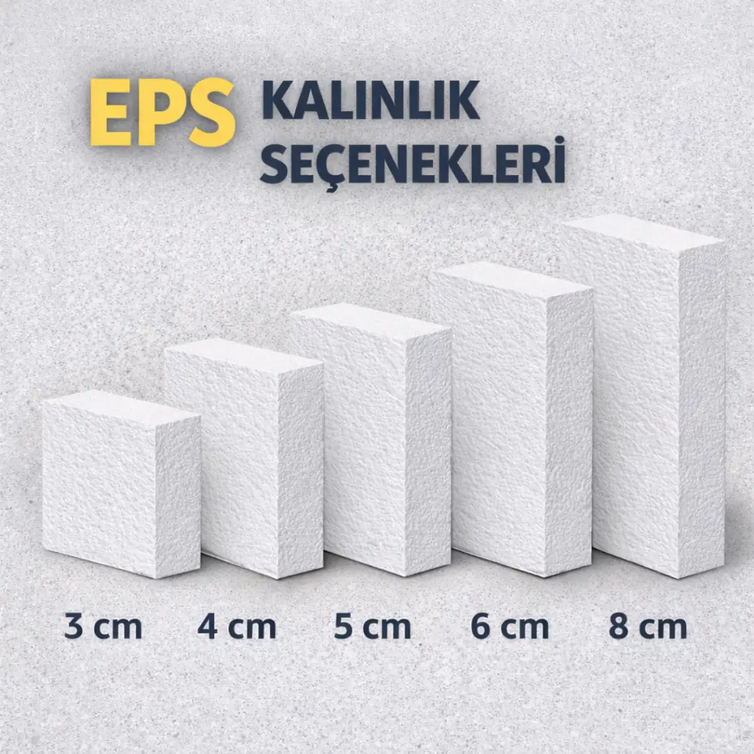 EPS mantolama kalınlık seçenekleri 3 cm 4 cm 5 cm 6 cm ve 8 cm&nbsp;