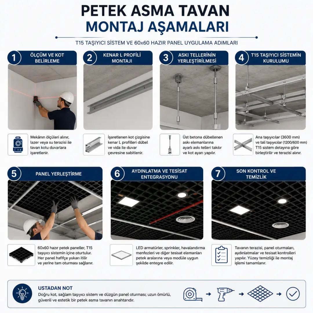 Petek asma tavan uygulamasının ölçümden montaja kadar tüm aşamaları&nbsp;