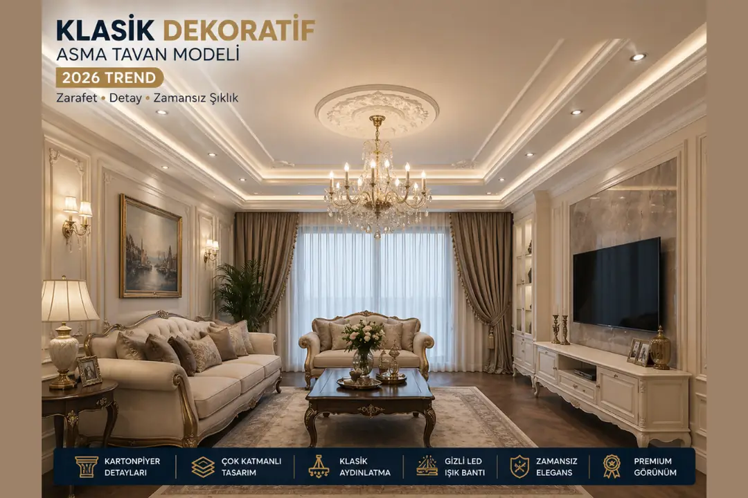 Klasik kartonpiyerli asma tavan modeli salon dekoratif tavan tasarımı