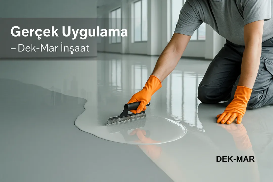 “Eskişehir epoksi kaplama uygulama sahnesi – ustanın self leveling epoksi dökümü yaptığı gerçek uygulama – Dek-Mar İnşaat” 