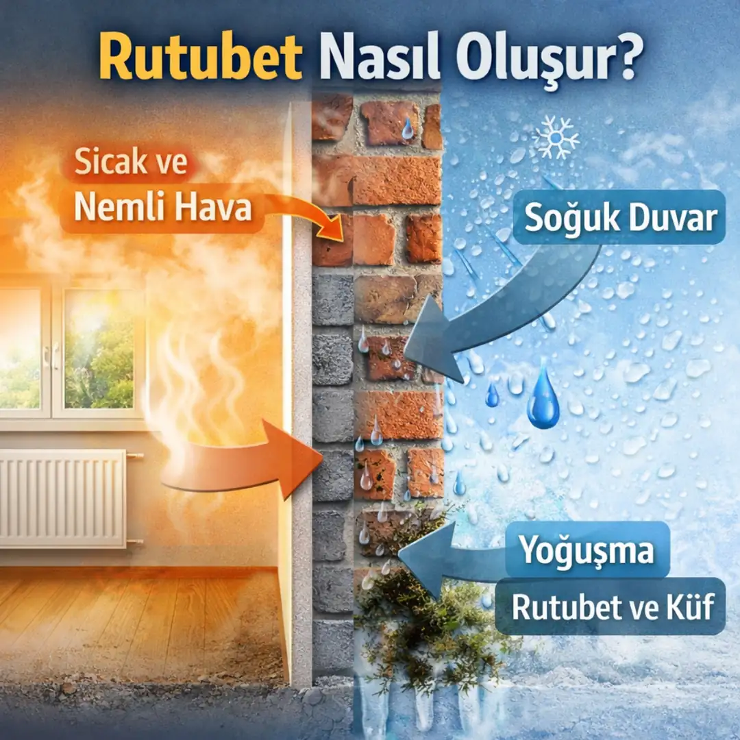 Soğuk duvar yüzeyinde oluşan yoğuşma nedeniyle rutubet oluşumu&nbsp;