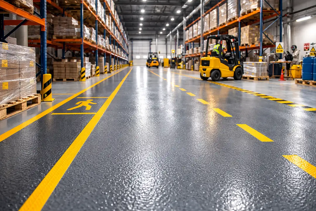 Depo alanında kaymaz multilayer epoksi zemin kaplama uygulaması ve portakal kabuğu yüzey dokusu&nbsp;