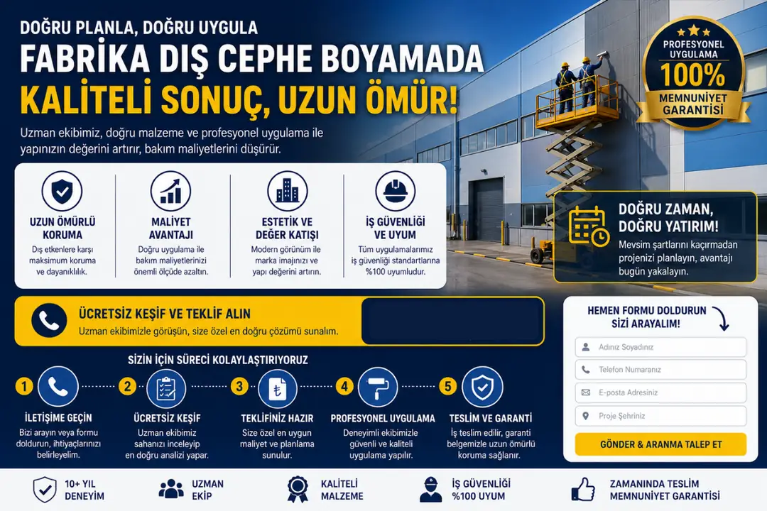 Modern yüksek fabrika dış cephe boyama sonrası tamamlanmış kurumsal görünüm