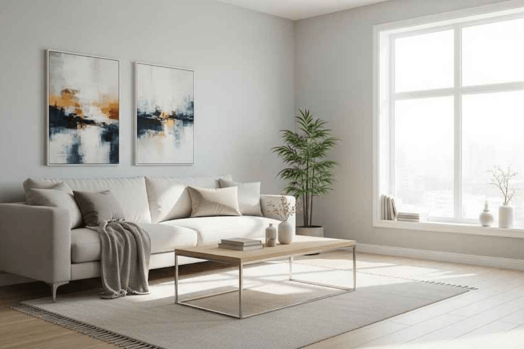 Ev Boyama Fiyatları rehberi için ilham veren modern salon. Açık gri duvarlar, doğal ışık ve ferah bir yaşam alanı.