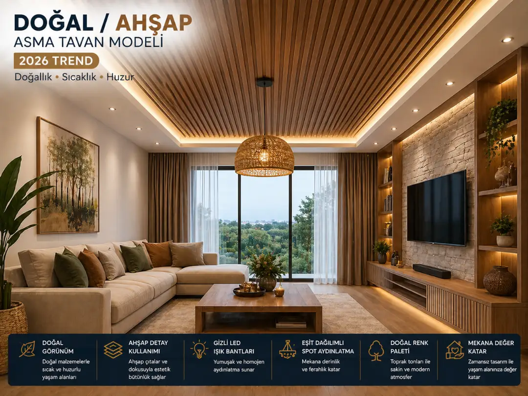 Ahşap görünümlü lineer asma tavan modeli doğal salon tasarımı