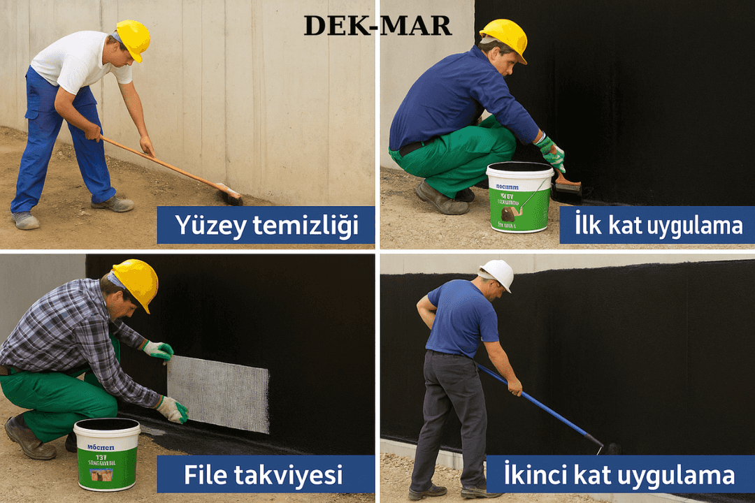 Bitüm esaslı sürme su yalıtımı uygulama aşamaları: yüzey hazırlığı, katman sürme, koruma. 