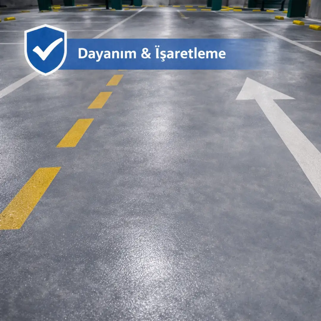 Kaymaz epoksi otopark zemin kaplama, yön okları ve zemin işaretlemeleri ile dayanıklı yüzey