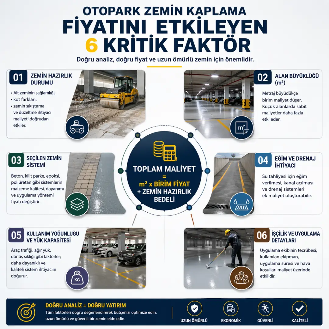 Otopark zemin kaplama fiyatını etkileyen faktörler infografik zemin hazırlığı drenaj metraj&nbsp;