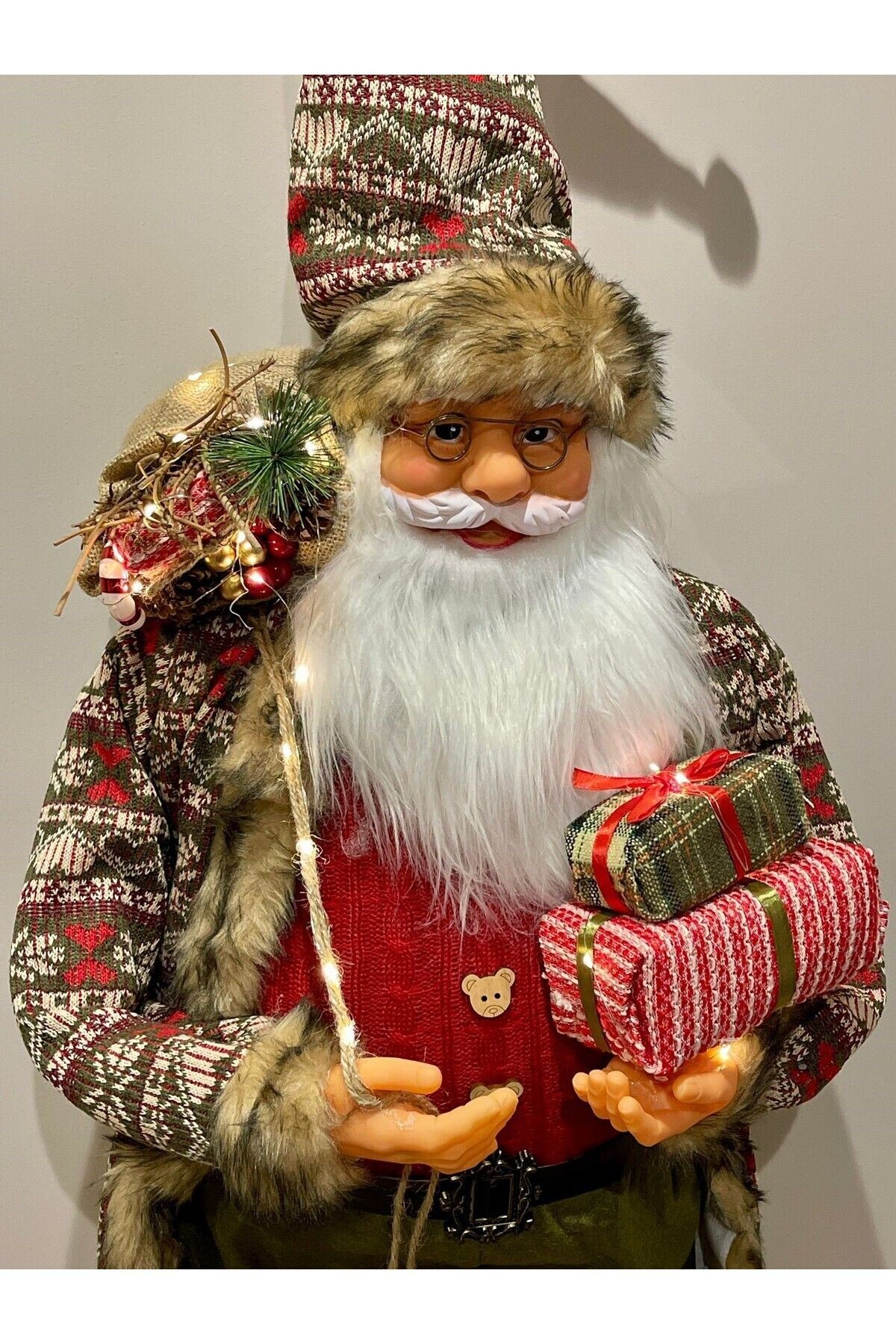 Noel Baba, 2025 Yeni Yıl Hediyesi, Işıklı Noel Baba, Yılbaşı Hediye Paketlı Noel Baba, 114cm - kırmızı