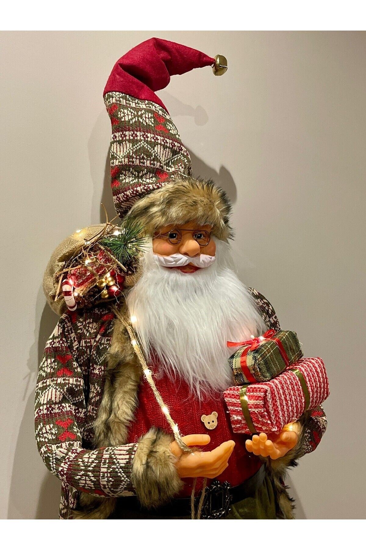 Noel Baba, 2025 Yeni Yıl Hediyesi, Işıklı Noel Baba, Yılbaşı Hediye Paketlı Noel Baba, 114cm - kırmızı