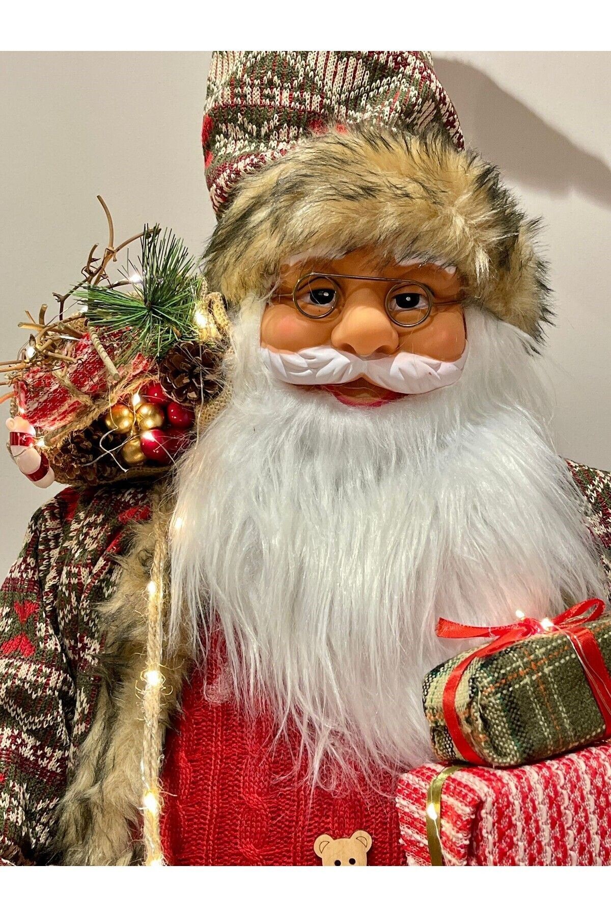 Noel Baba, 2025 Yeni Yıl Hediyesi, Işıklı Noel Baba, Yılbaşı Hediye Paketlı Noel Baba, 114cm - kırmızı