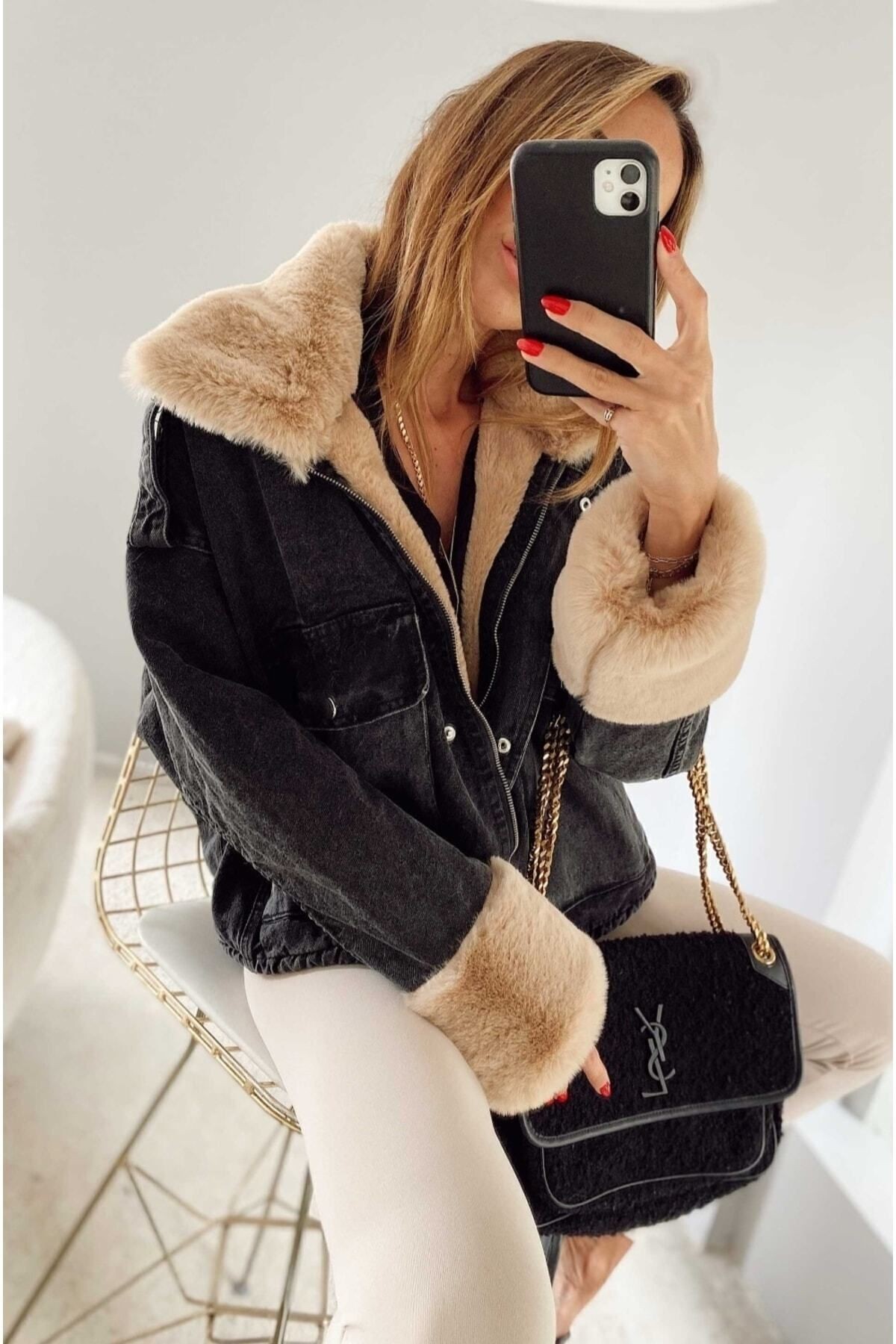 Kadın Kürklü Denim Kadın Mont Peluş Kot Mont - si̇yah