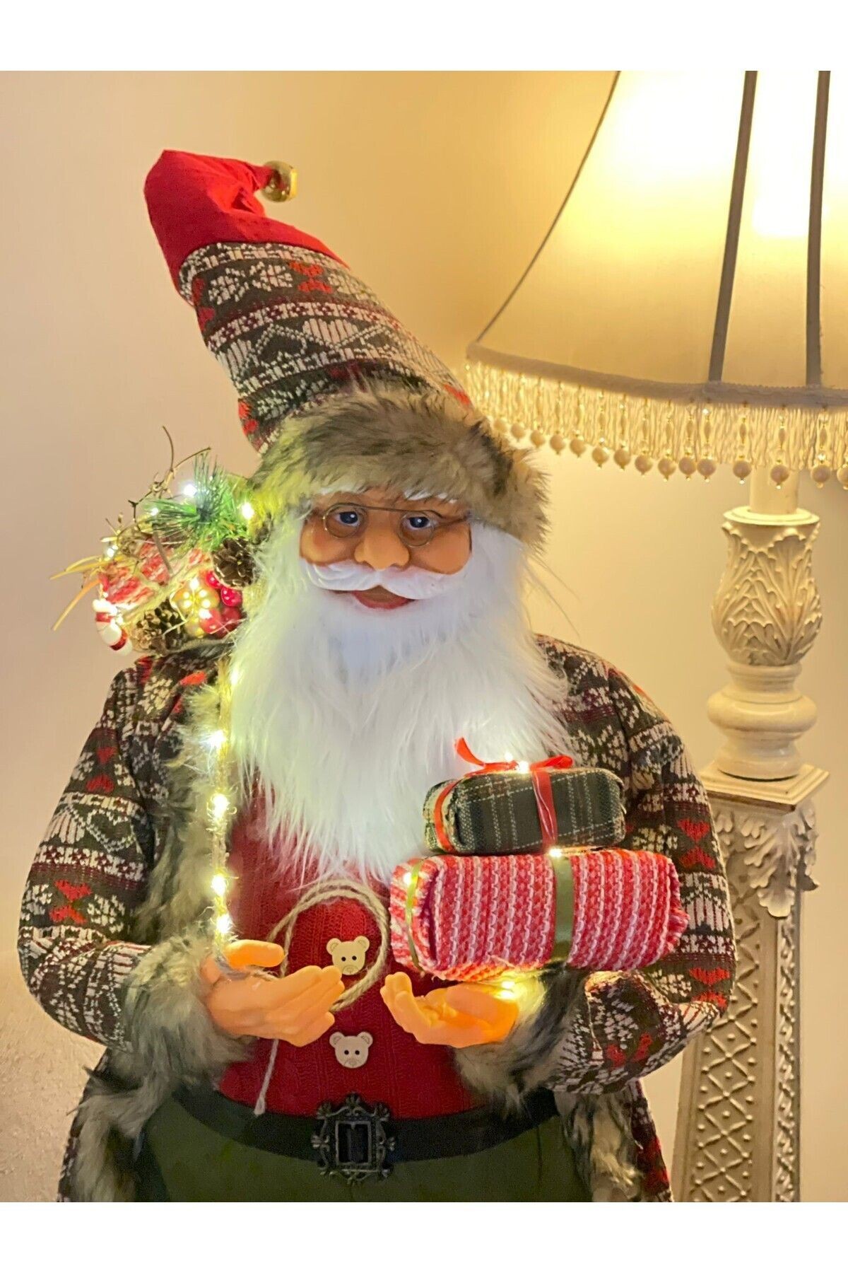 Noel Baba, 2025 Yeni Yıl Hediyesi, Işıklı Noel Baba, Yılbaşı Hediye Paketlı Noel Baba, 114cm - kırmızı