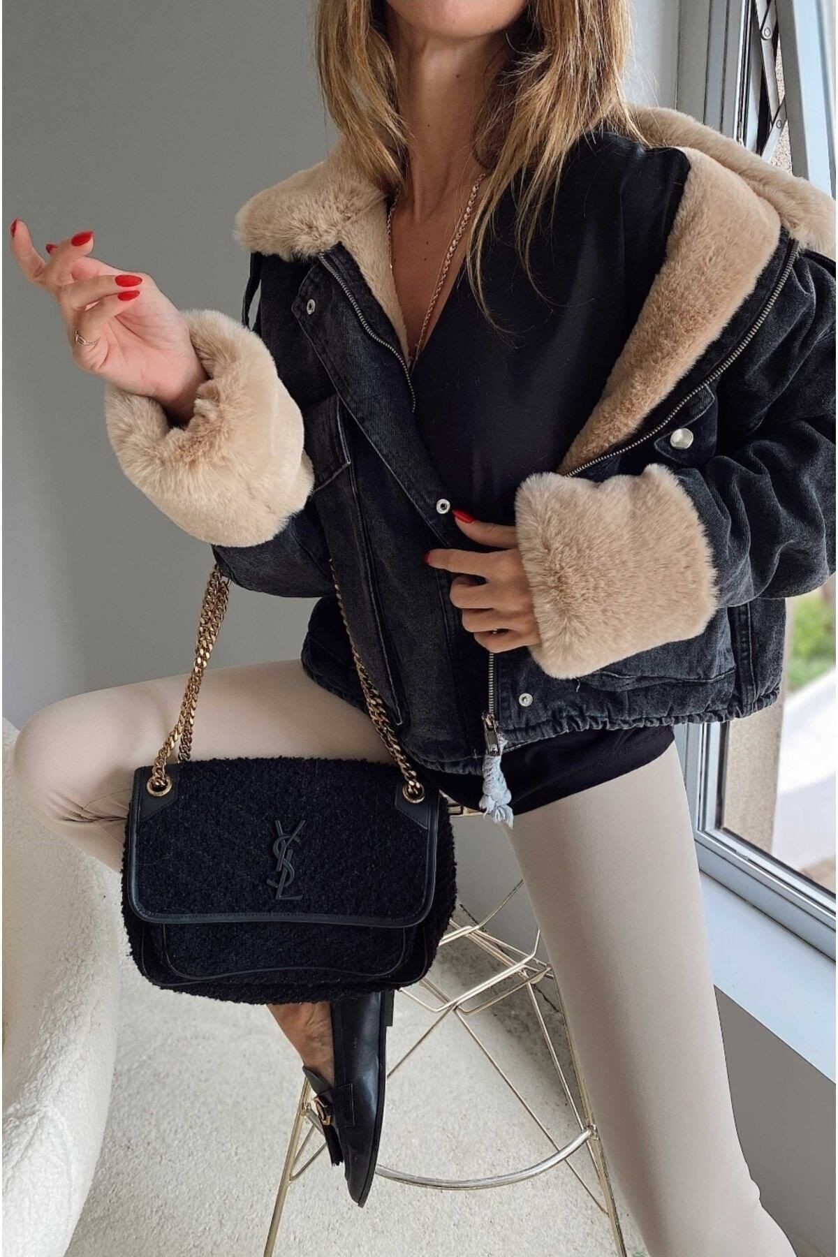 Kadın Kürklü Denim Kadın Mont Peluş Kot Mont - si̇yah