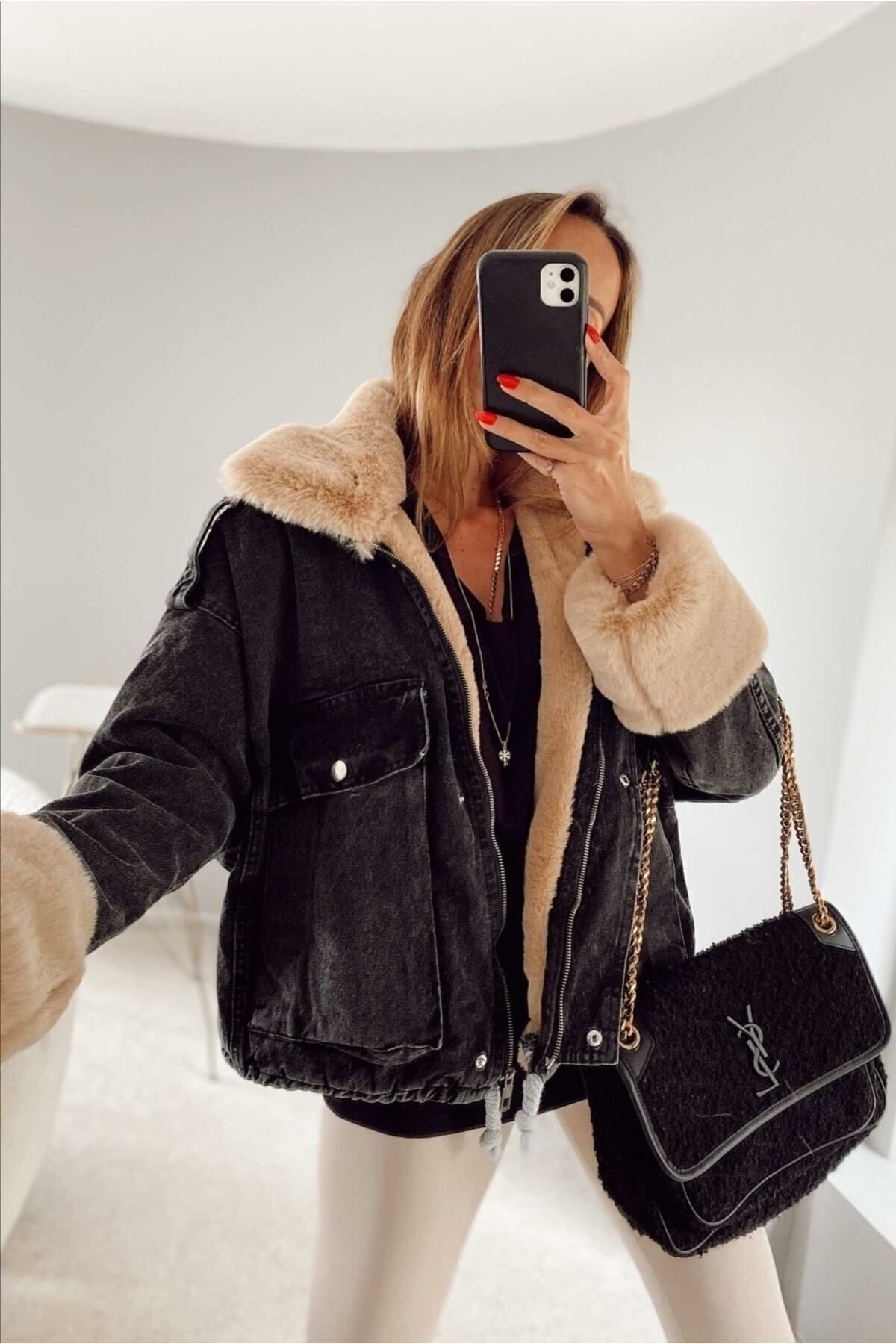 Kadın Kürklü Denim Kadın Mont Peluş Kot Mont - si̇yah