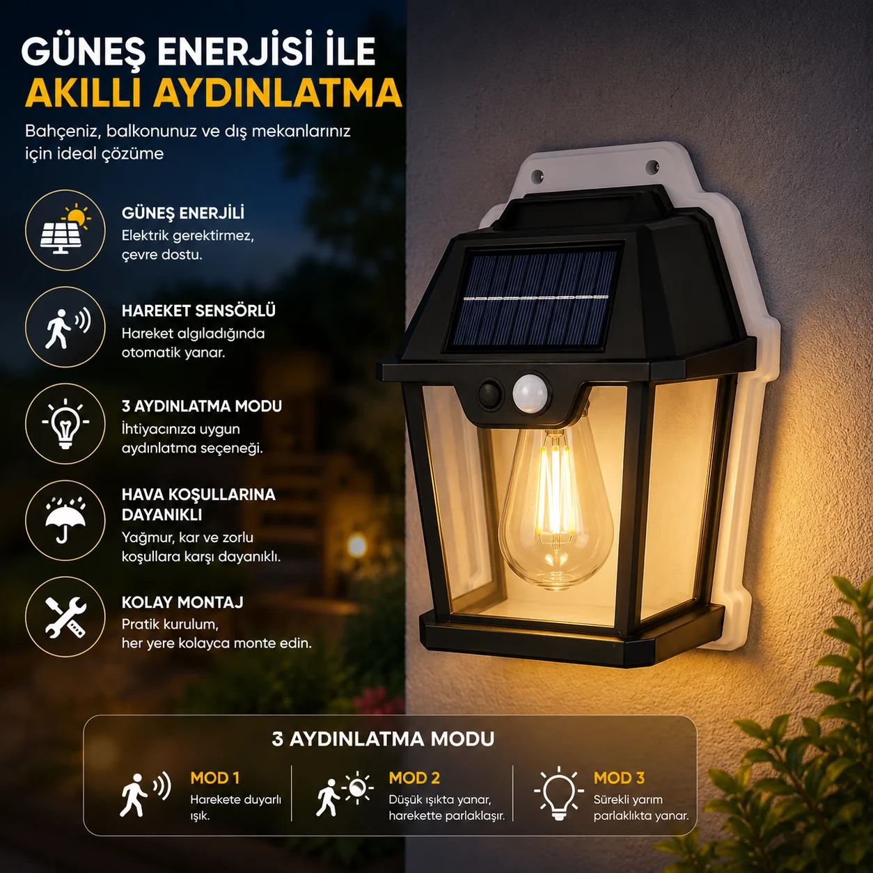 Resim Sensörlü Solar Güneş Enerjili Bahçe Balkon Rustik Ampul 