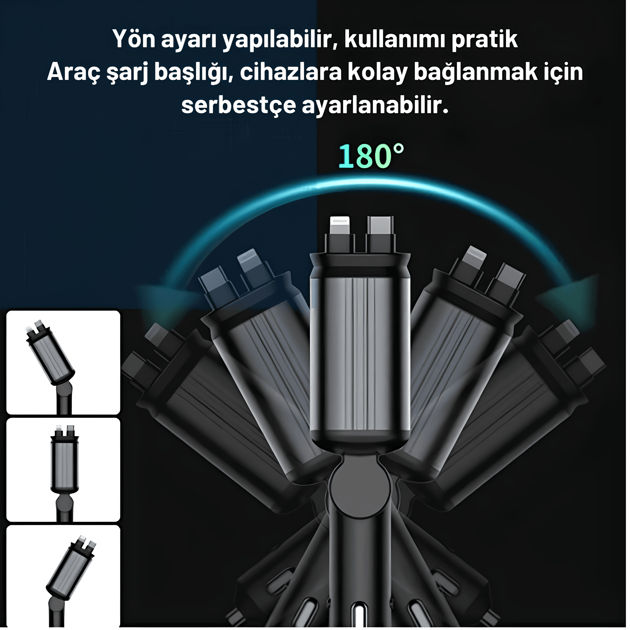 66W 4 in 1 RGB Işıklı Tavan Aydınlatmalı Type C + Iphone Kablolu Araç Hızlı Şarj Cihazı
