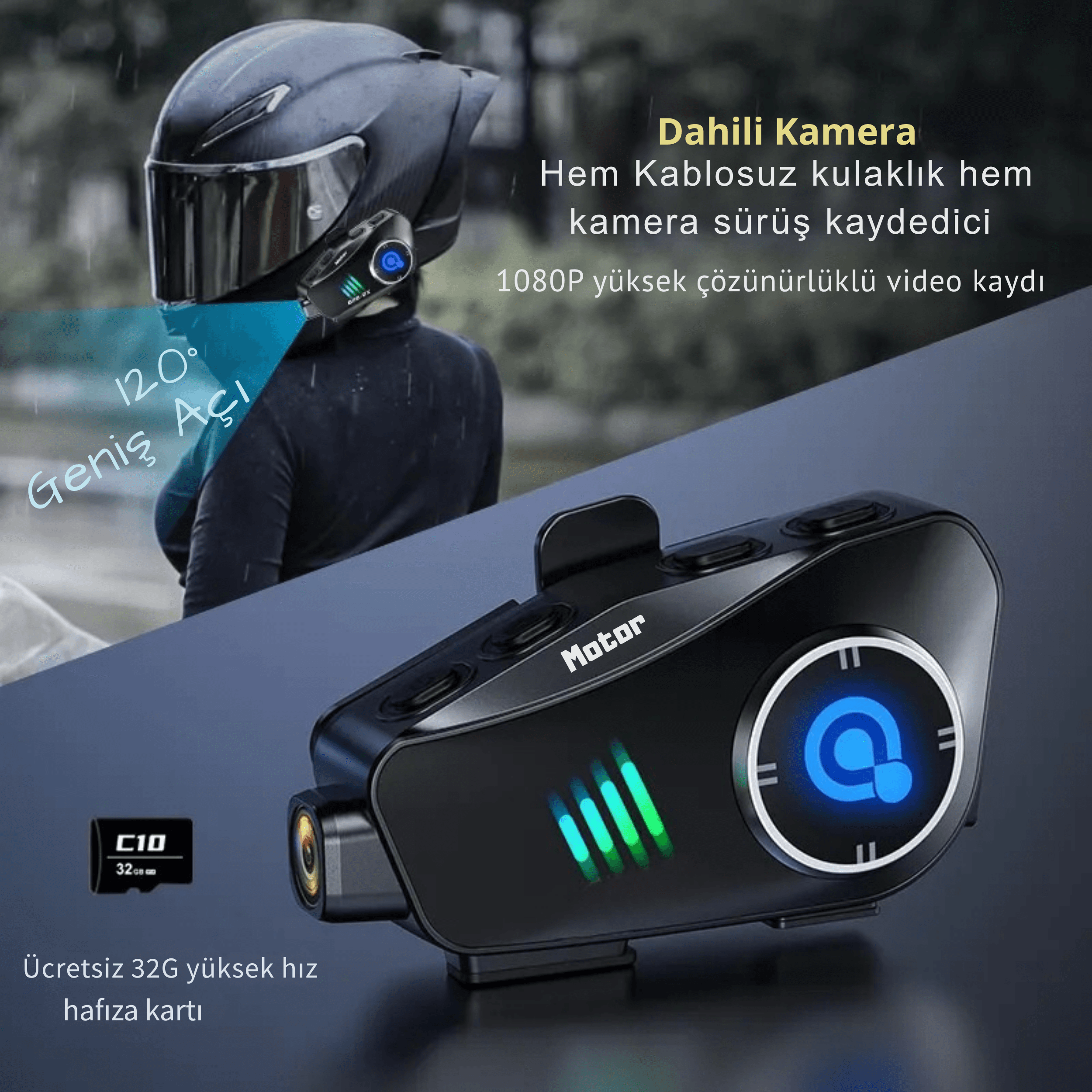 Qonic28 Kameralı Motosiklet Bluetooth Kulaklık Mikrofon Seti (32 GB SD Hediyeli)