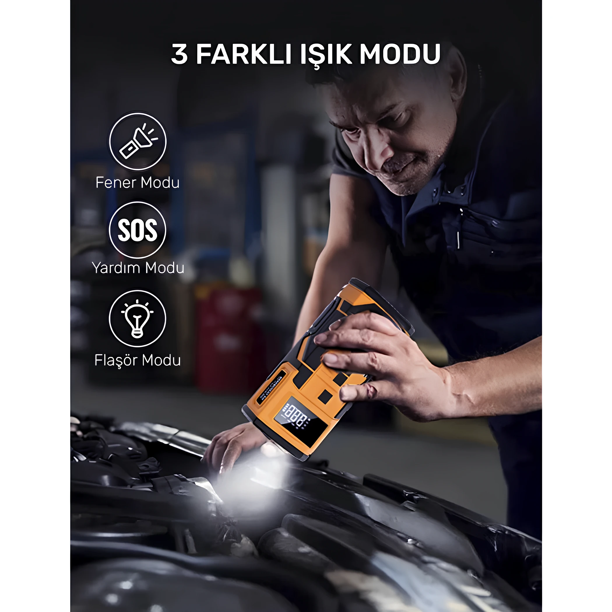 Kablolu/Kablosuz 8000mAh Şarjlı Akü Takviyeli Powerbank Reflektörlü 5in1 Hava Pompası