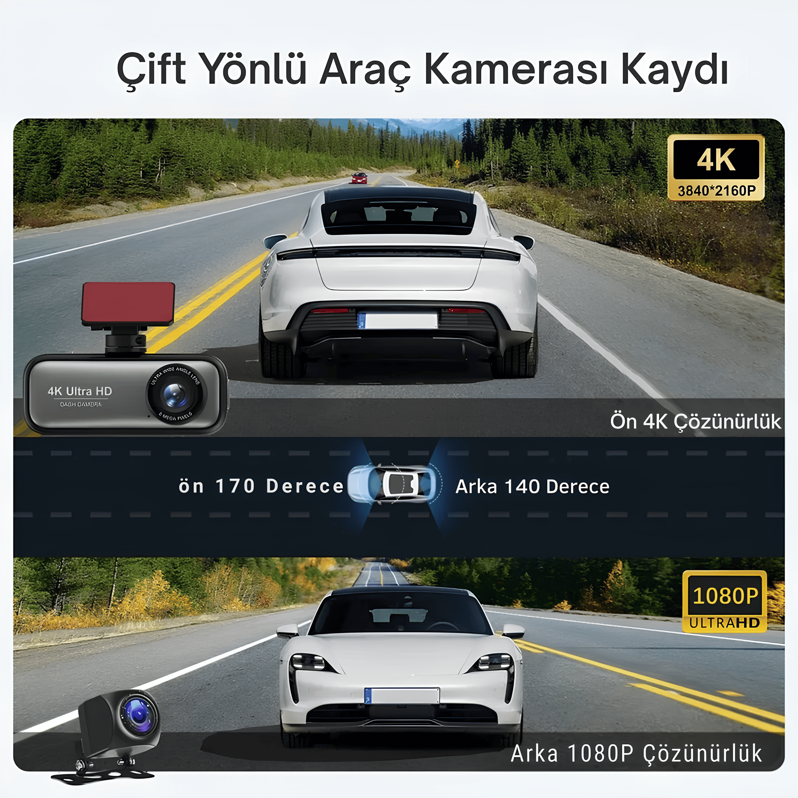 4K Ön + Arka Geniş Açı Lens Araç Kamerası Kayıt Cihazı