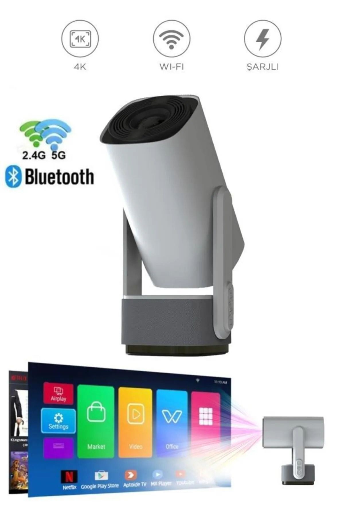 K2 Taşınabilir Sinema Projektörü 4K Şarjlı Bluetooth Akıllı Projeksiyon