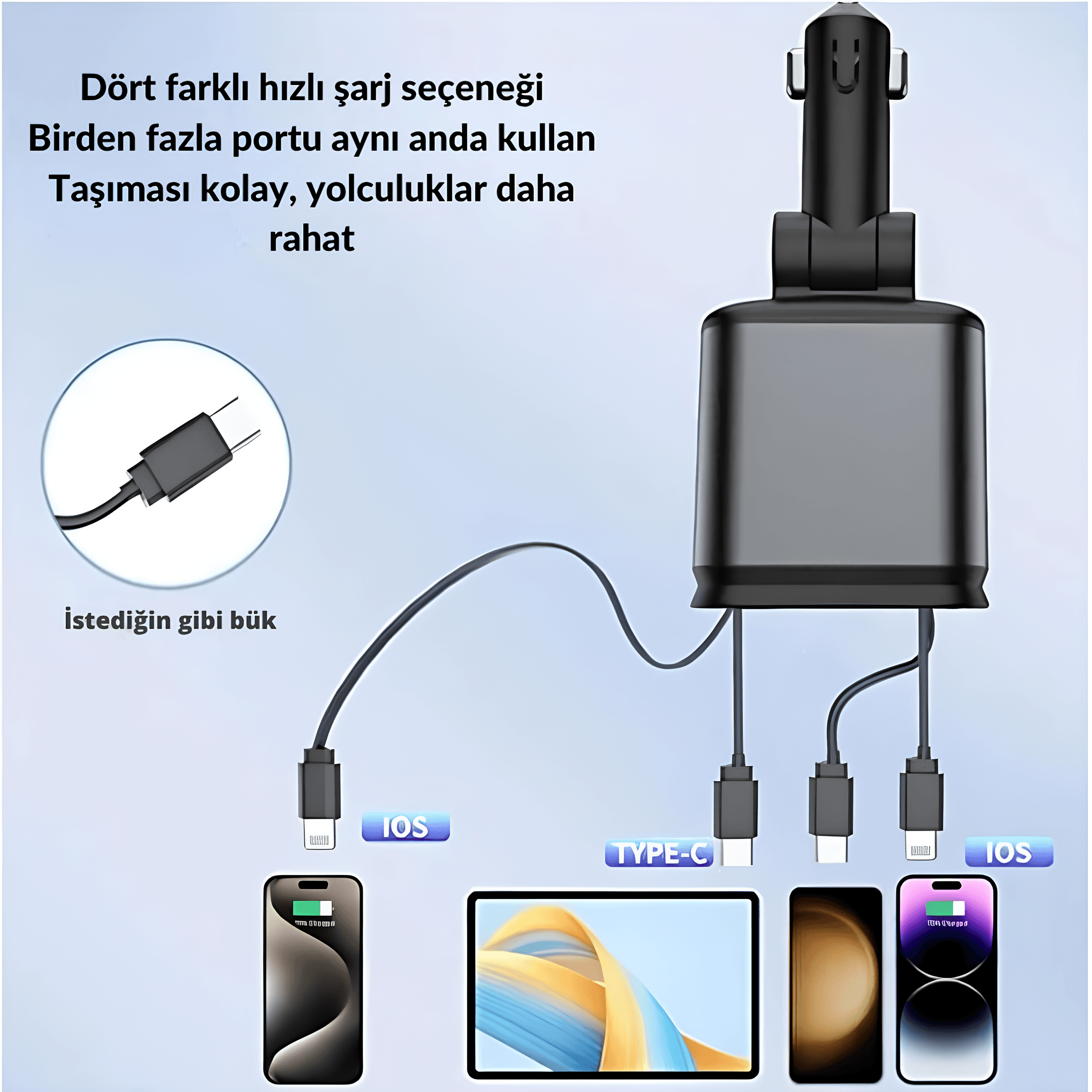 66W 4 in 1 RGB Işıklı Tavan Aydınlatmalı Type C + Iphone Kablolu Araç Hızlı Şarj Cihazı