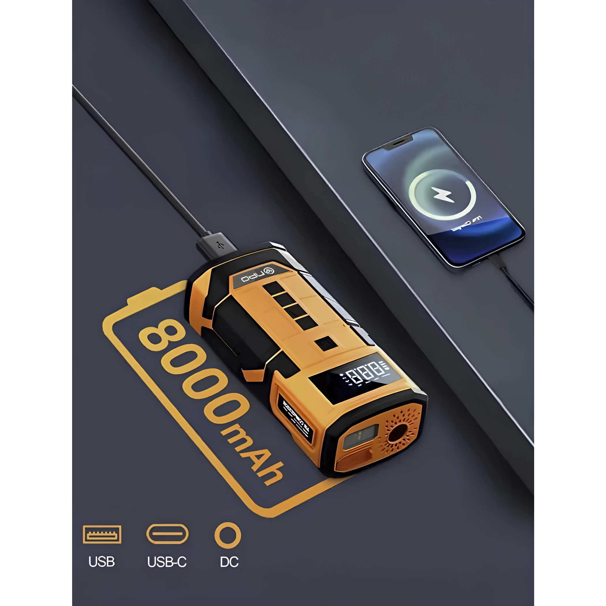 Kablolu/Kablosuz 8000mAh Şarjlı Akü Takviyeli Powerbank Reflektörlü 5in1 Hava Pompası