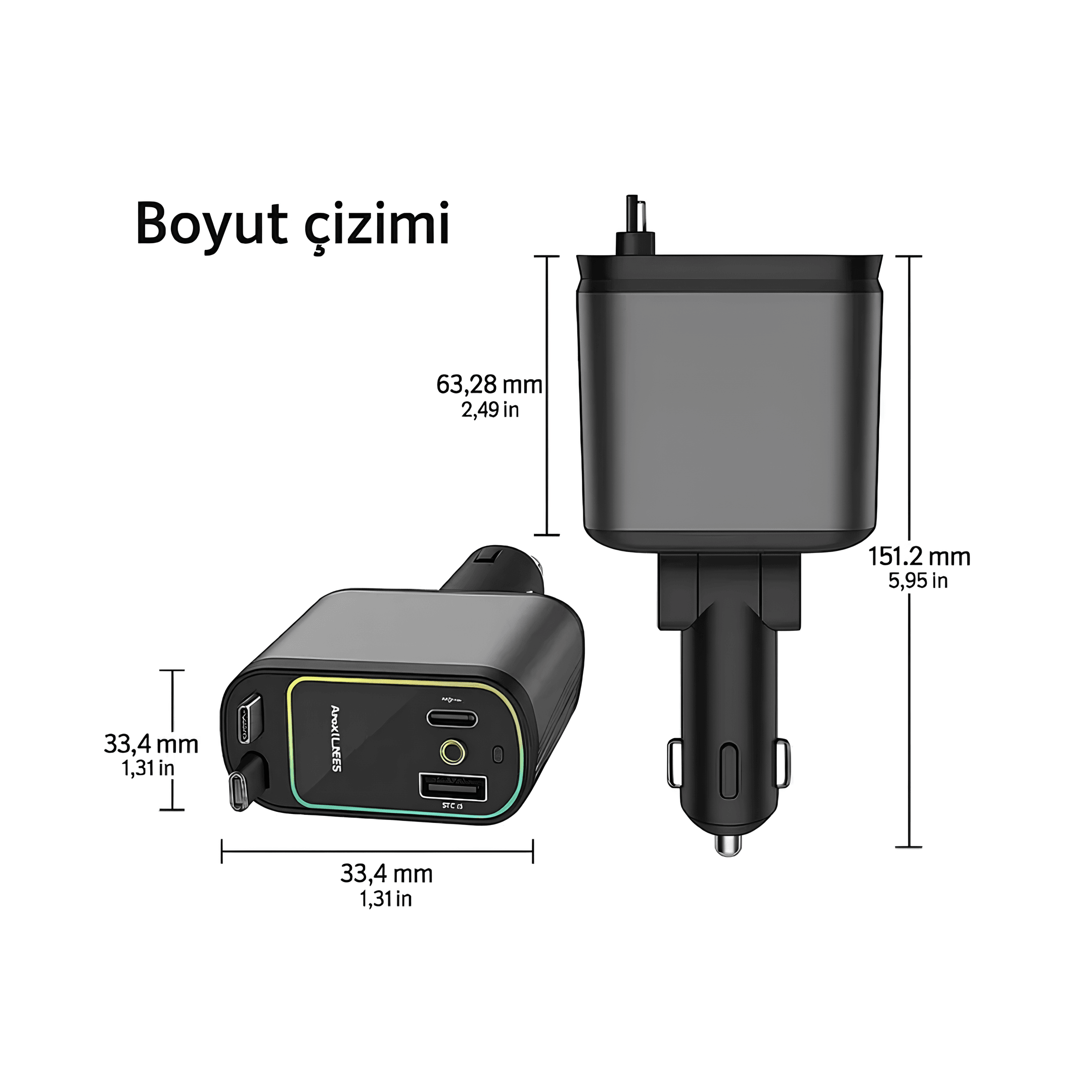 66W 4 in 1 RGB Işıklı Tavan Aydınlatmalı Type C + Iphone Kablolu Araç Hızlı Şarj Cihazı
