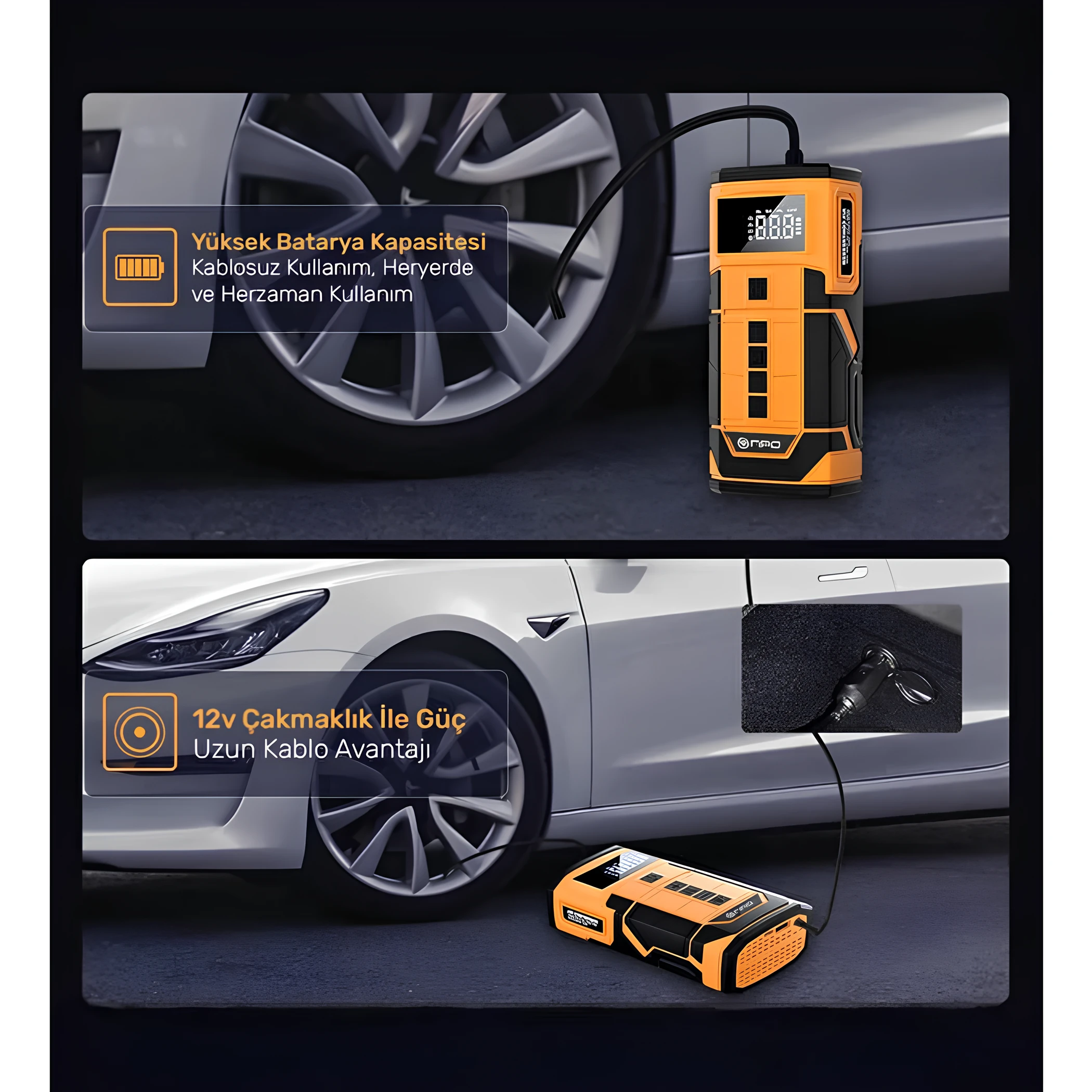 Kablolu/Kablosuz 8000mAh Şarjlı Akü Takviyeli Powerbank Reflektörlü 5in1 Hava Pompası