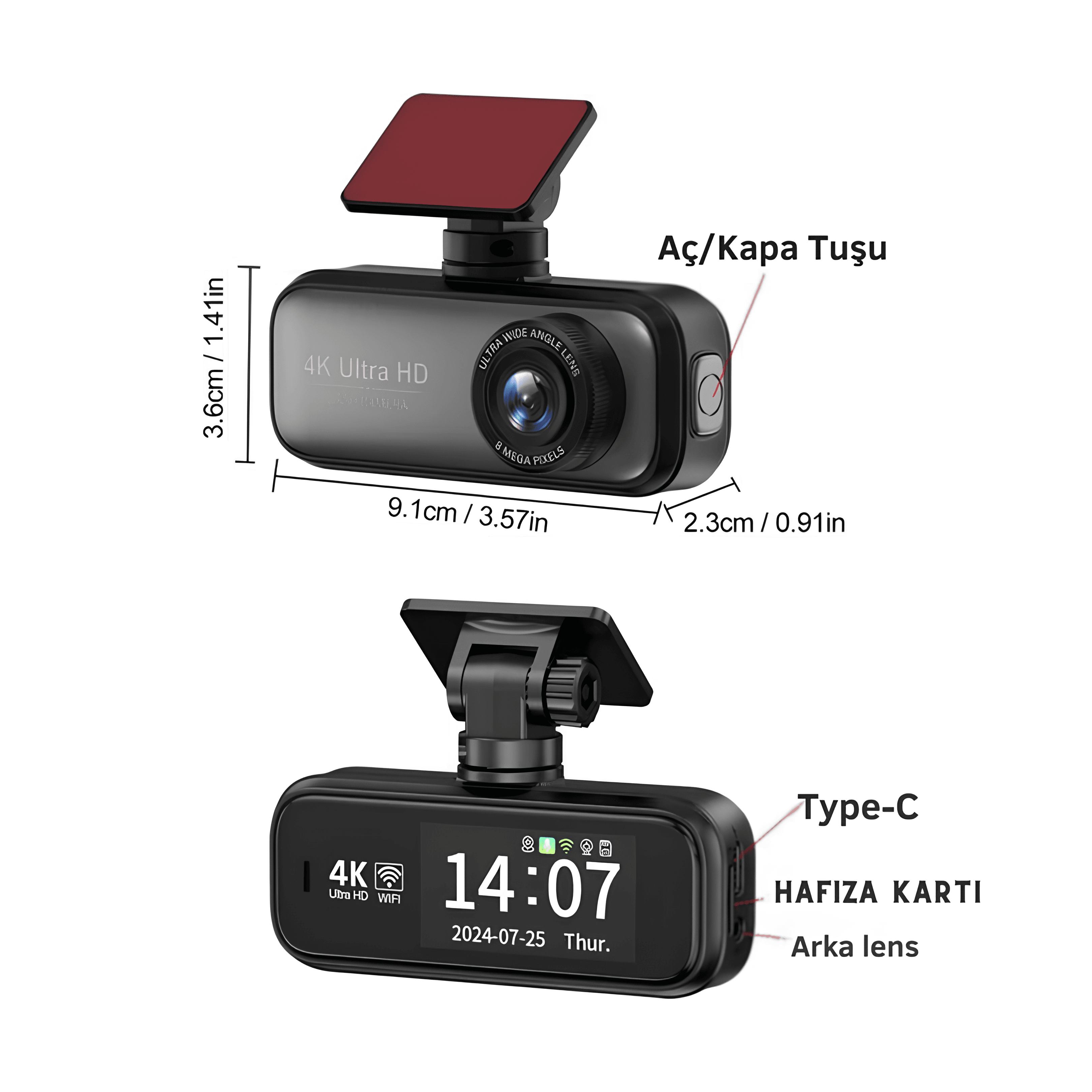 4K Ön + Arka Geniş Açı Lens Araç Kamerası Kayıt Cihazı