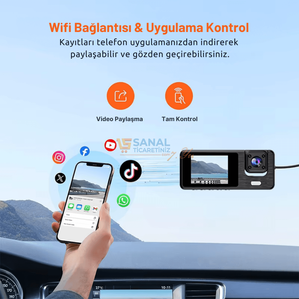 Q301 Çift Lensli 3 Kameralı WI-FI Araç Kamerası 