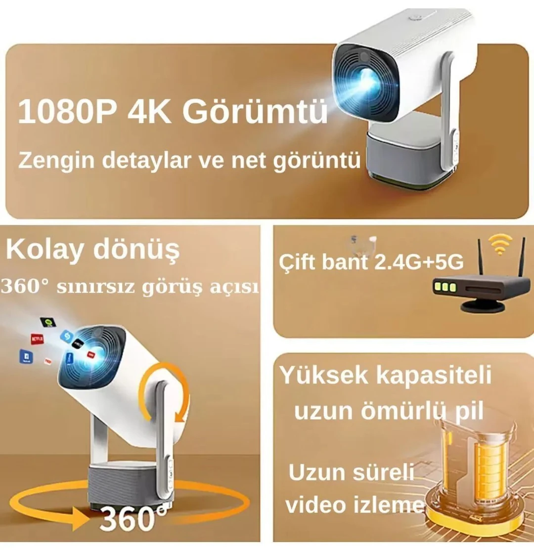 K2 Taşınabilir Sinema Projektörü 4K Şarjlı Bluetooth Akıllı Projeksiyon
