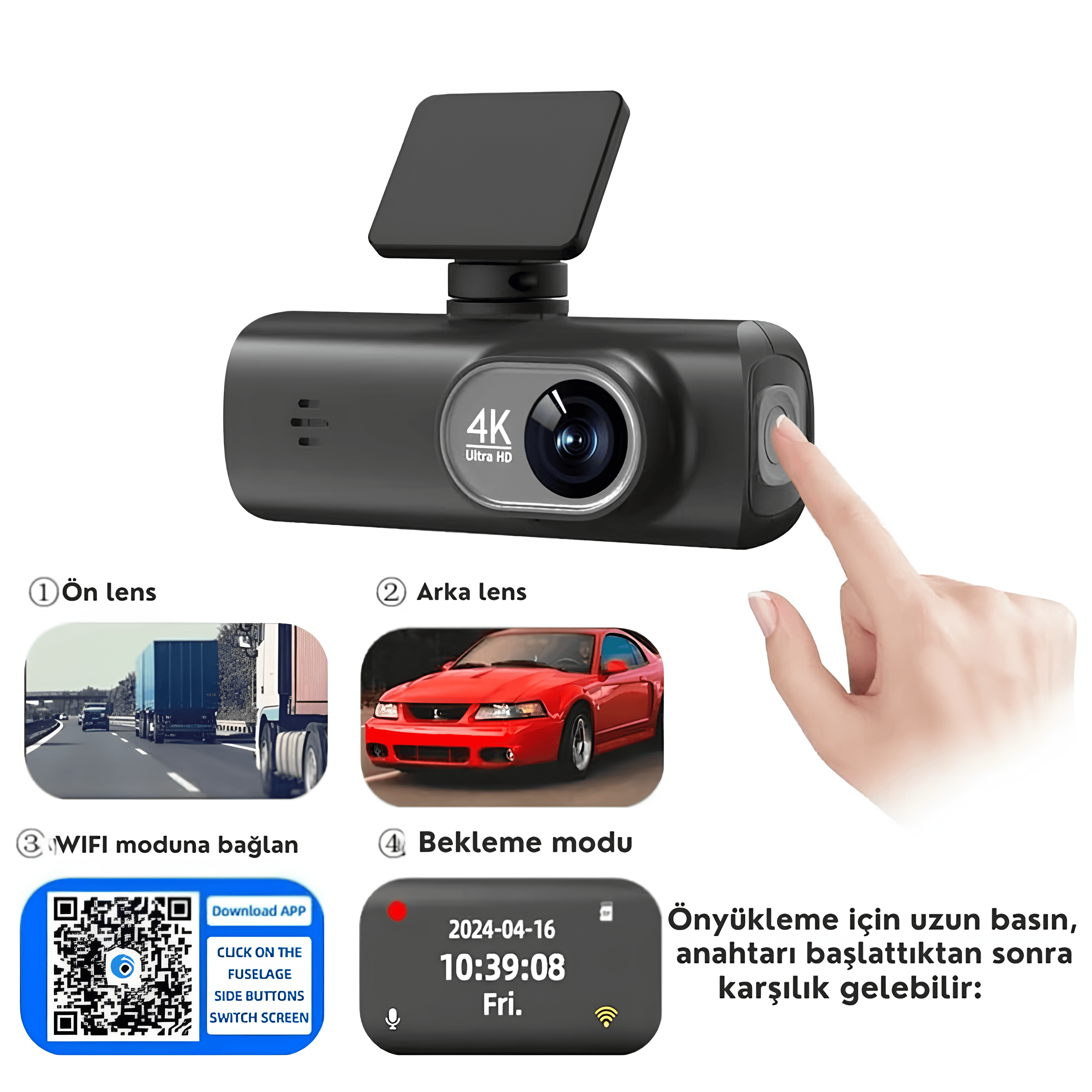 4K Ön + Arka Geniş Açı Lens Araç Kamerası Kayıt Cihazı