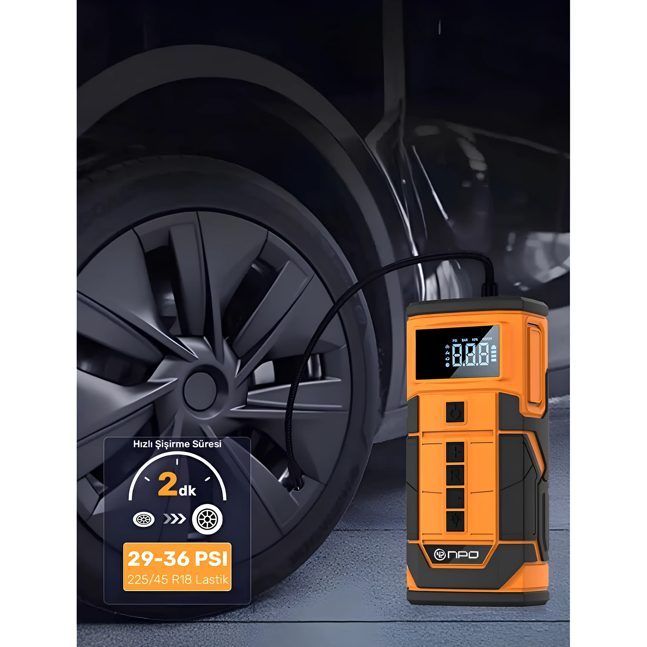 Kablolu/Kablosuz 8000mAh Şarjlı Akü Takviyeli Powerbank Reflektörlü 5in1 Hava Pompası