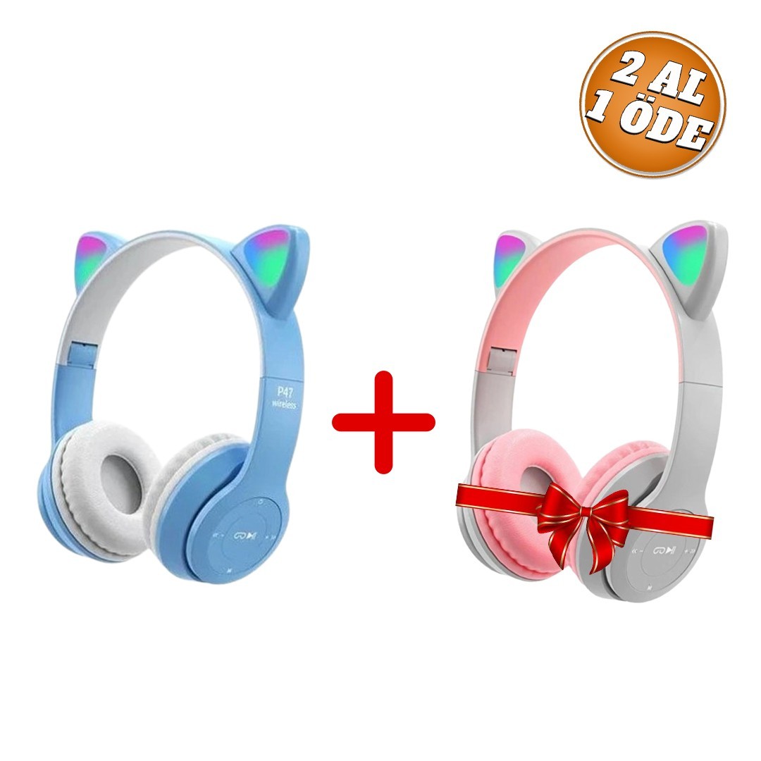 2 Adet Kedili Işıklı Bluetooth Kulaklık