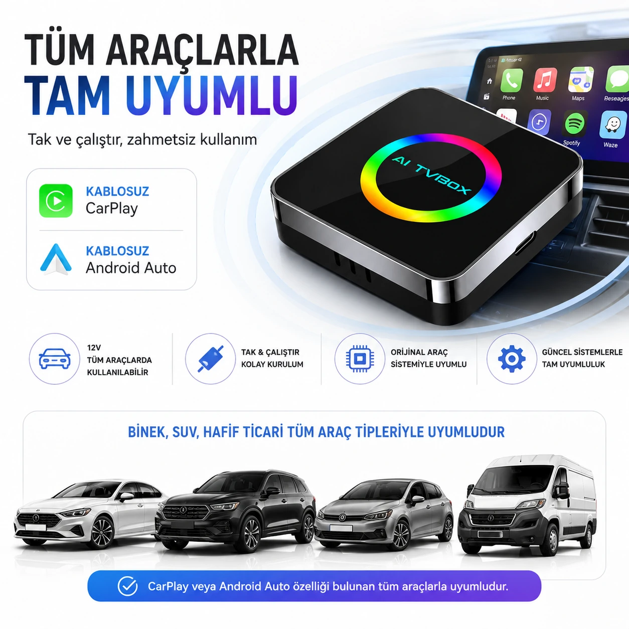 Yeni Nesil Araç CarPlay ve Android Auto AI Box | 4GB+64GB Android 14 |