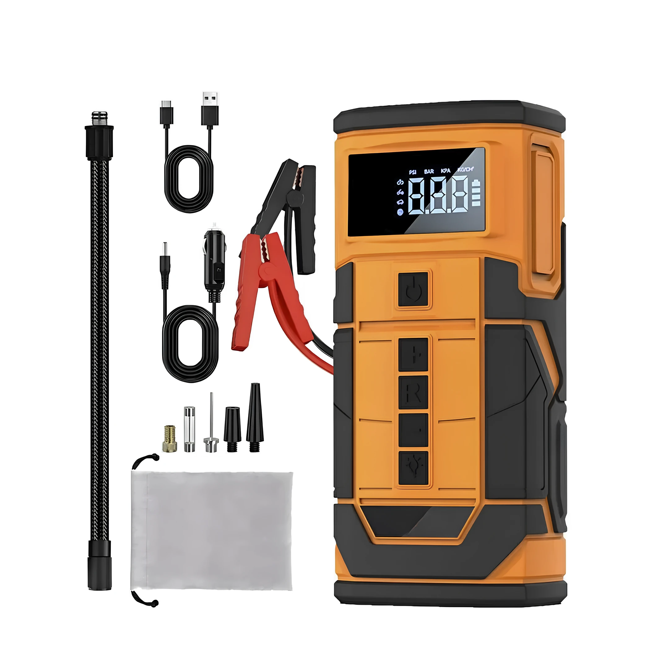 Kablolu/Kablosuz 8000mAh Şarjlı Akü Takviyeli Powerbank Reflektörlü 5in1 Hava Pompası