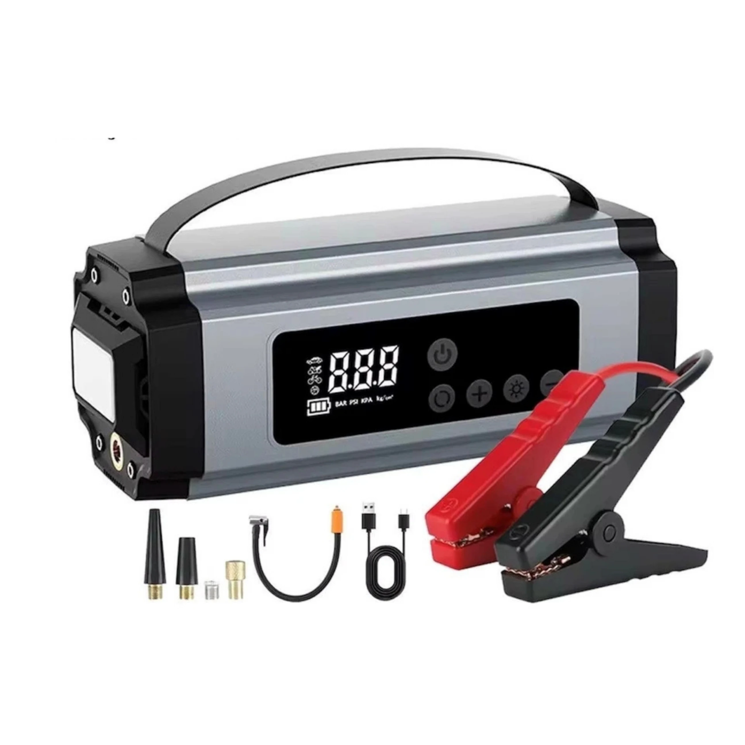 Kablolu/Kablosuz 8000mAh Şarjlı Akü Takviyeli Powerbank Reflektörlü 5in1 Hava Pompası