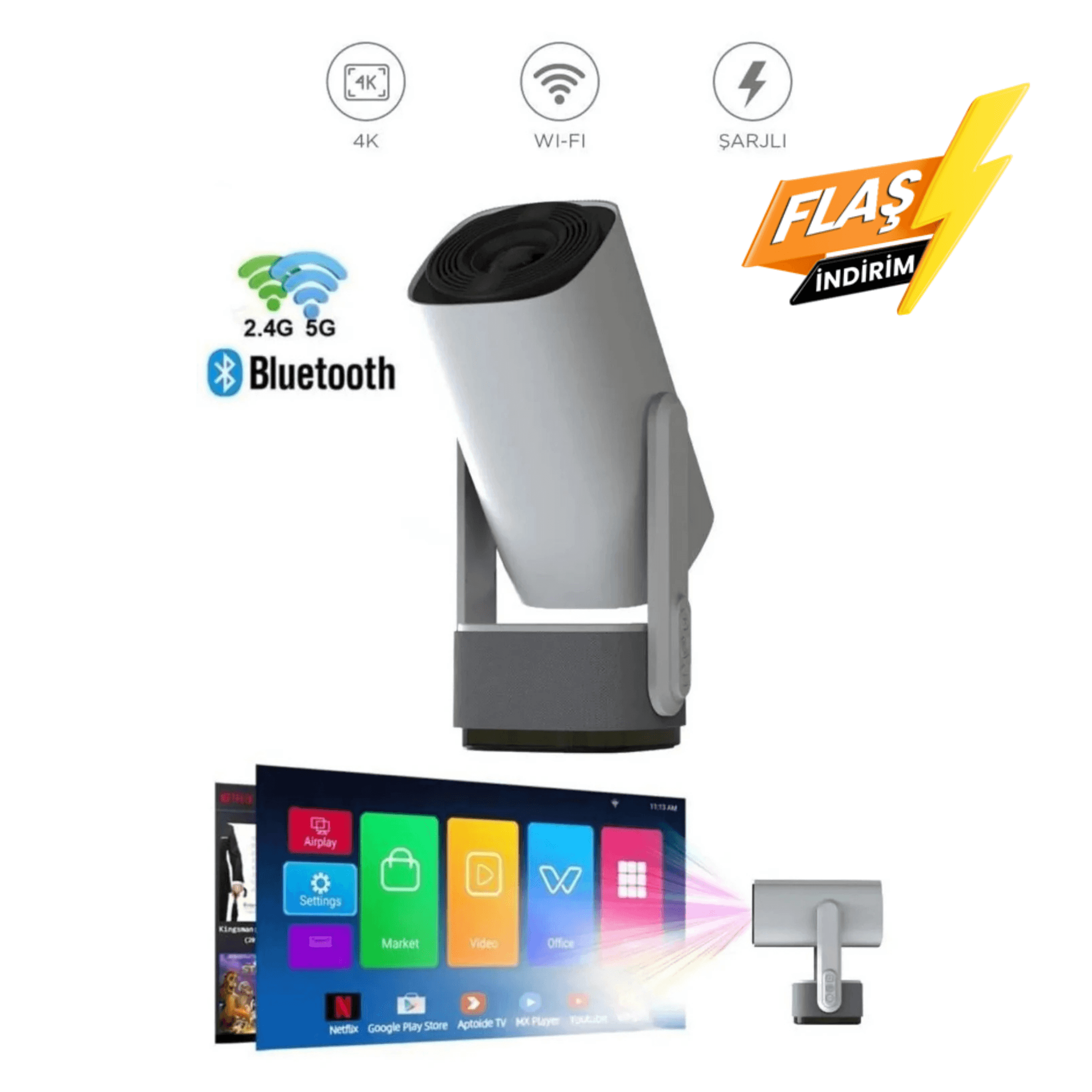 K2 Taşınabilir Sinema Projektörü 4K Şarjlı Bluetooth Akıllı Projeksiyon