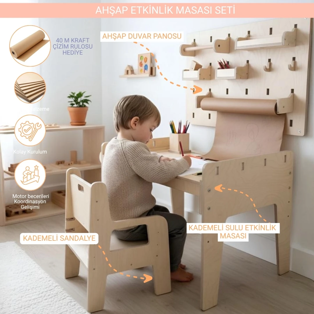 Montessori Ahşap Etkinlik Masası Seti