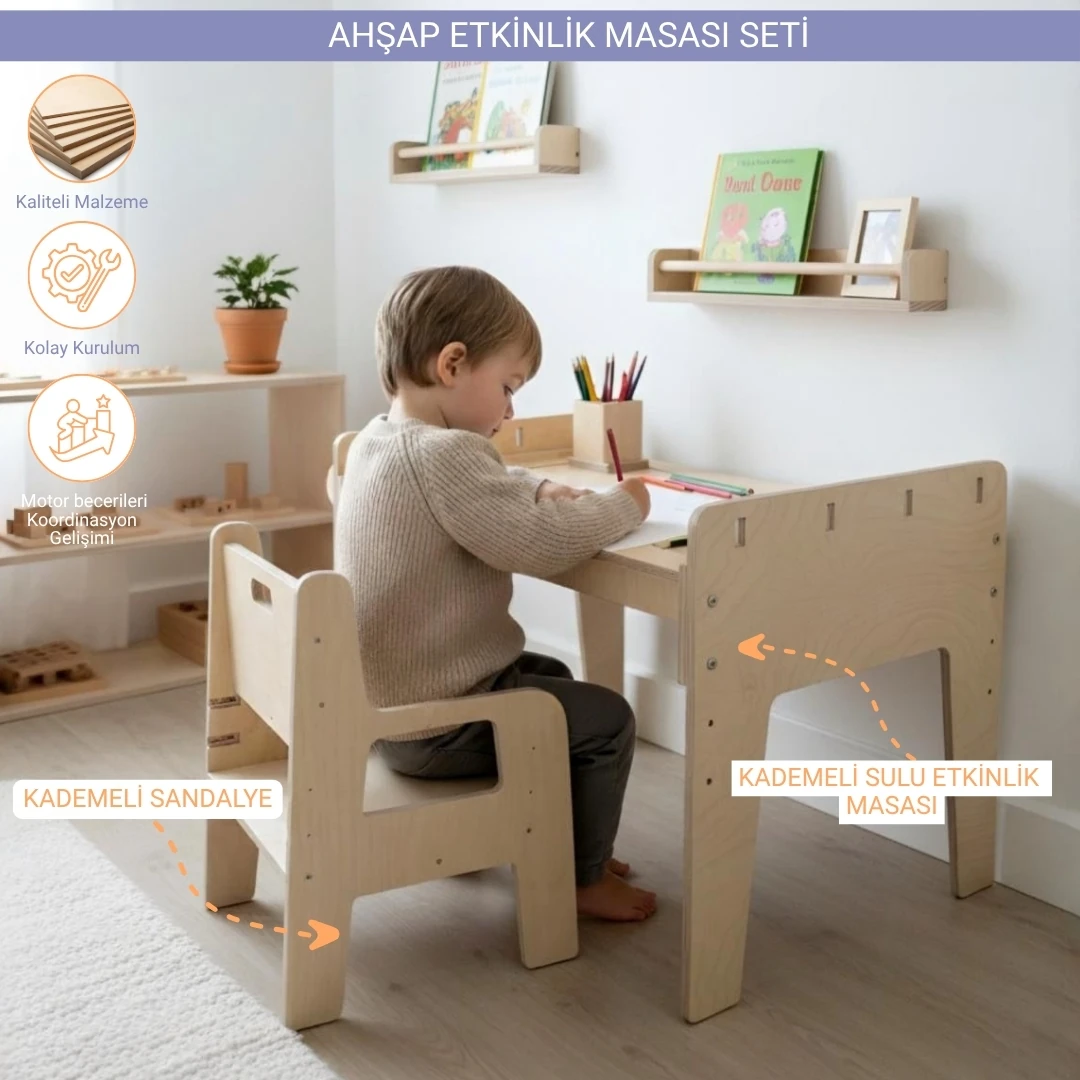 Montessori Ahşap Etkinlik Masası ve Sandalyesi (kademeli)