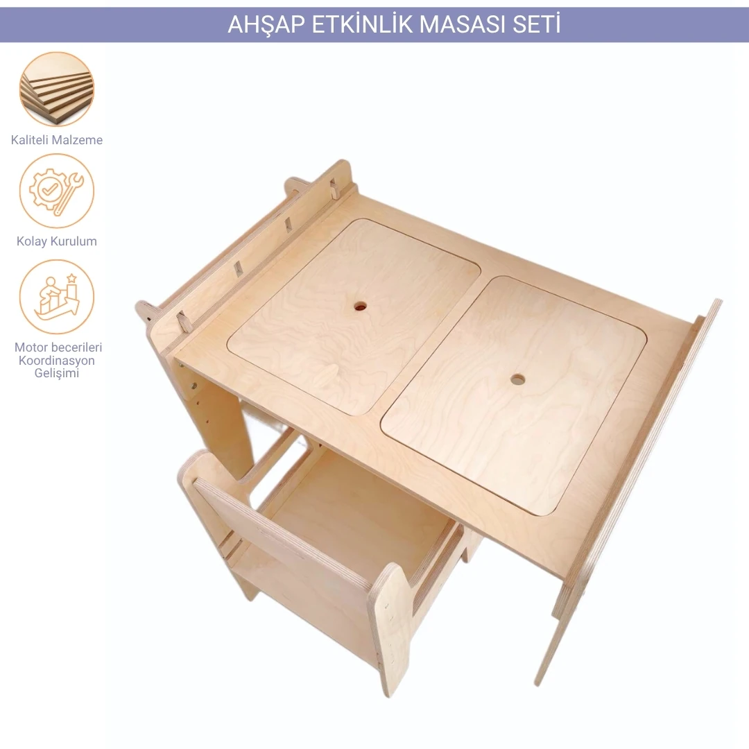 Montessori Ahşap Etkinlik Masası ve Sandalyesi (kademeli)