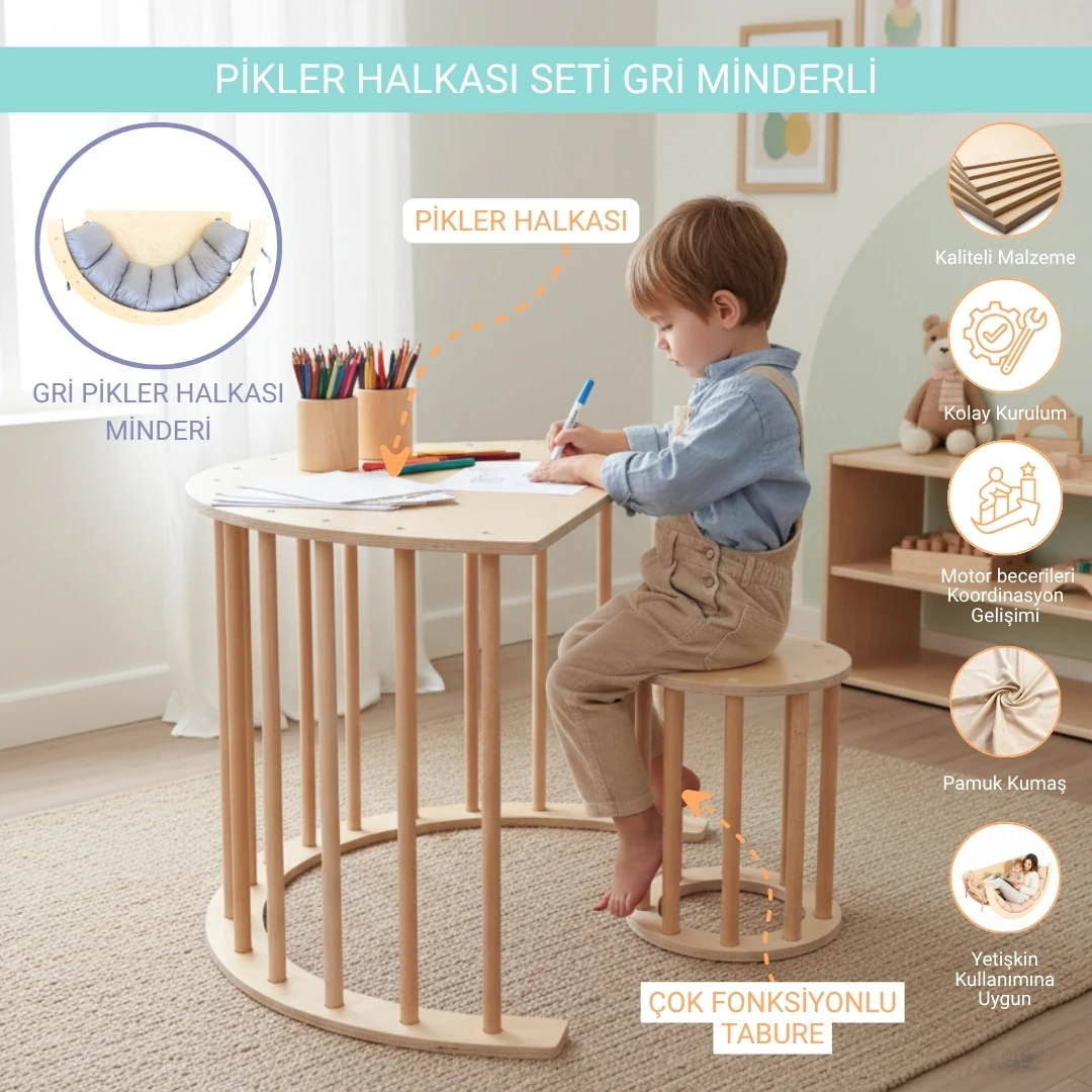 Montessori Pikler Halkası Seti - Gri Minderli