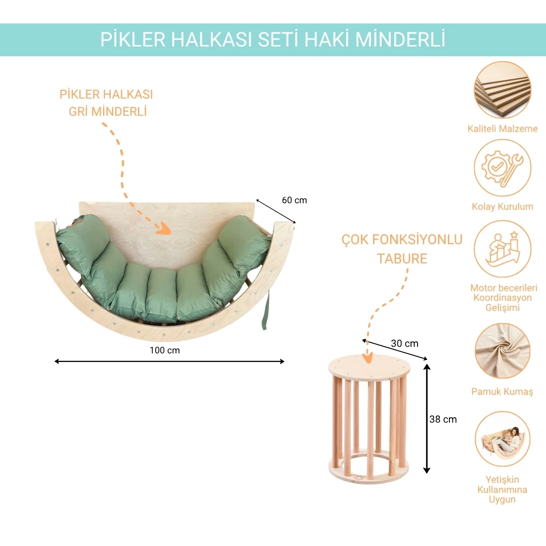 Montessori Pikler Halkası Seti - Haki Minderli