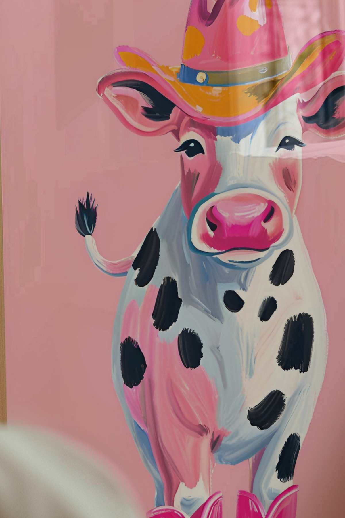 Pembe Şapkalı Çizmeli Kovboy İnek Çerçevesiz Poster Baskı Mö Duvar Dekorasyonu İnekli Duvar Posteri